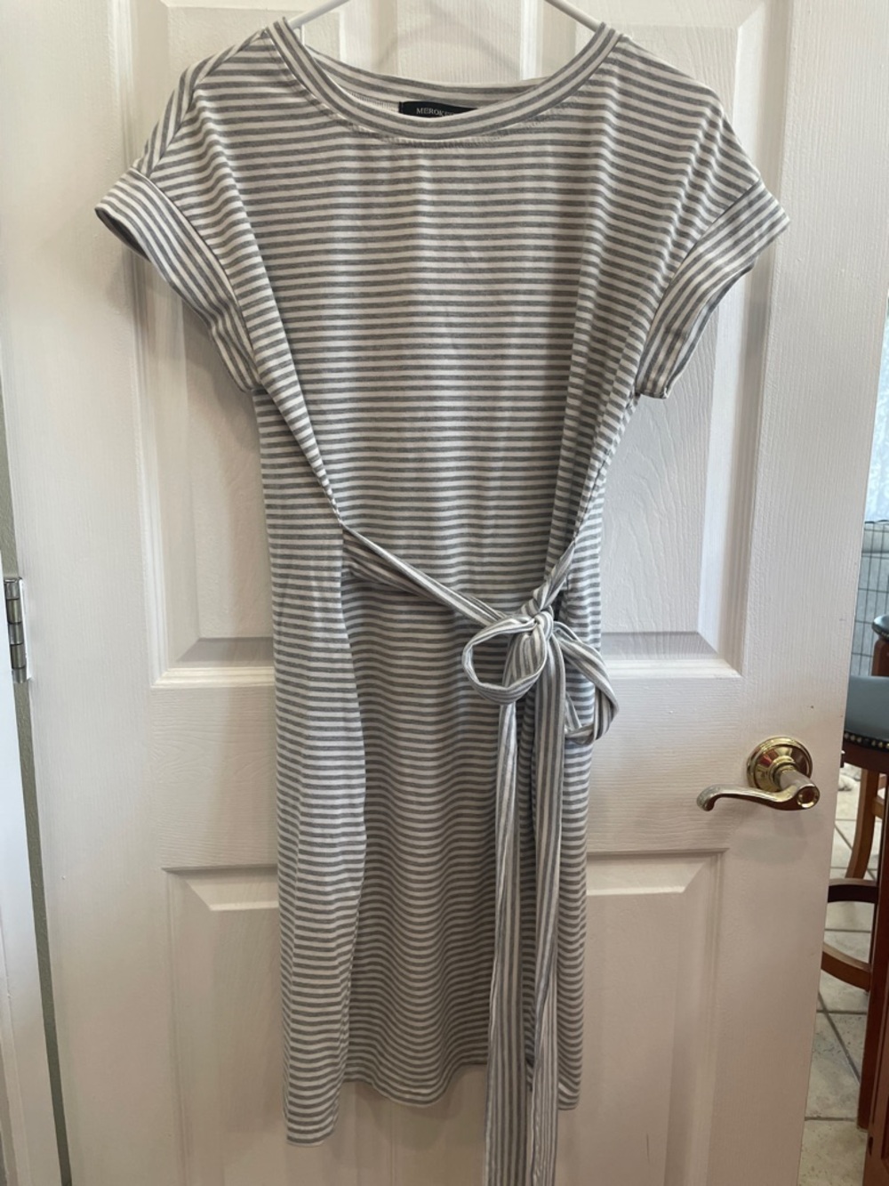 Gray and White Striped Tie-Waist Midi Dress pockets size M